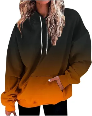 Womens Pullover Hoodie Gradient Color Long Sleeve Loose Sweatshirt with Drawstring Hood Fall Lightweight Sport Hoodie