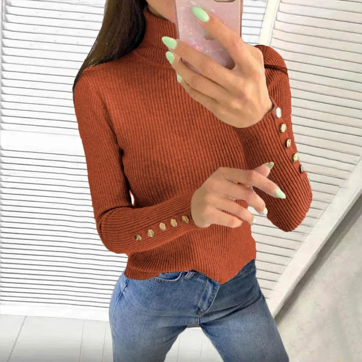 Womens Pullover Sweaters Casual Turtleneck Long Sleeve Shirts Warm Soft Slim Knit Sweater