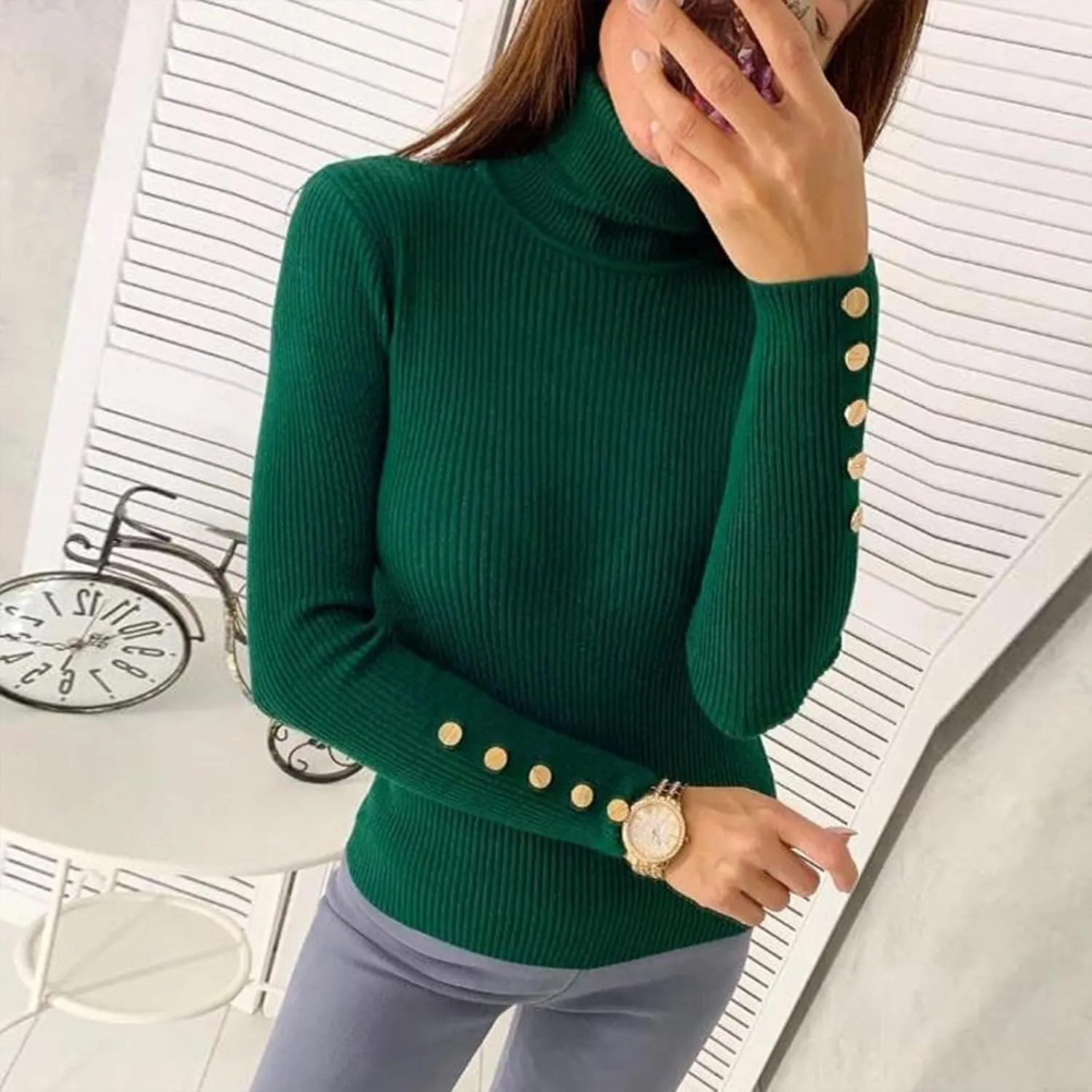 Womens Pullover Sweaters Casual Turtleneck Long Sleeve Shirts Warm Soft Slim Knit Sweater