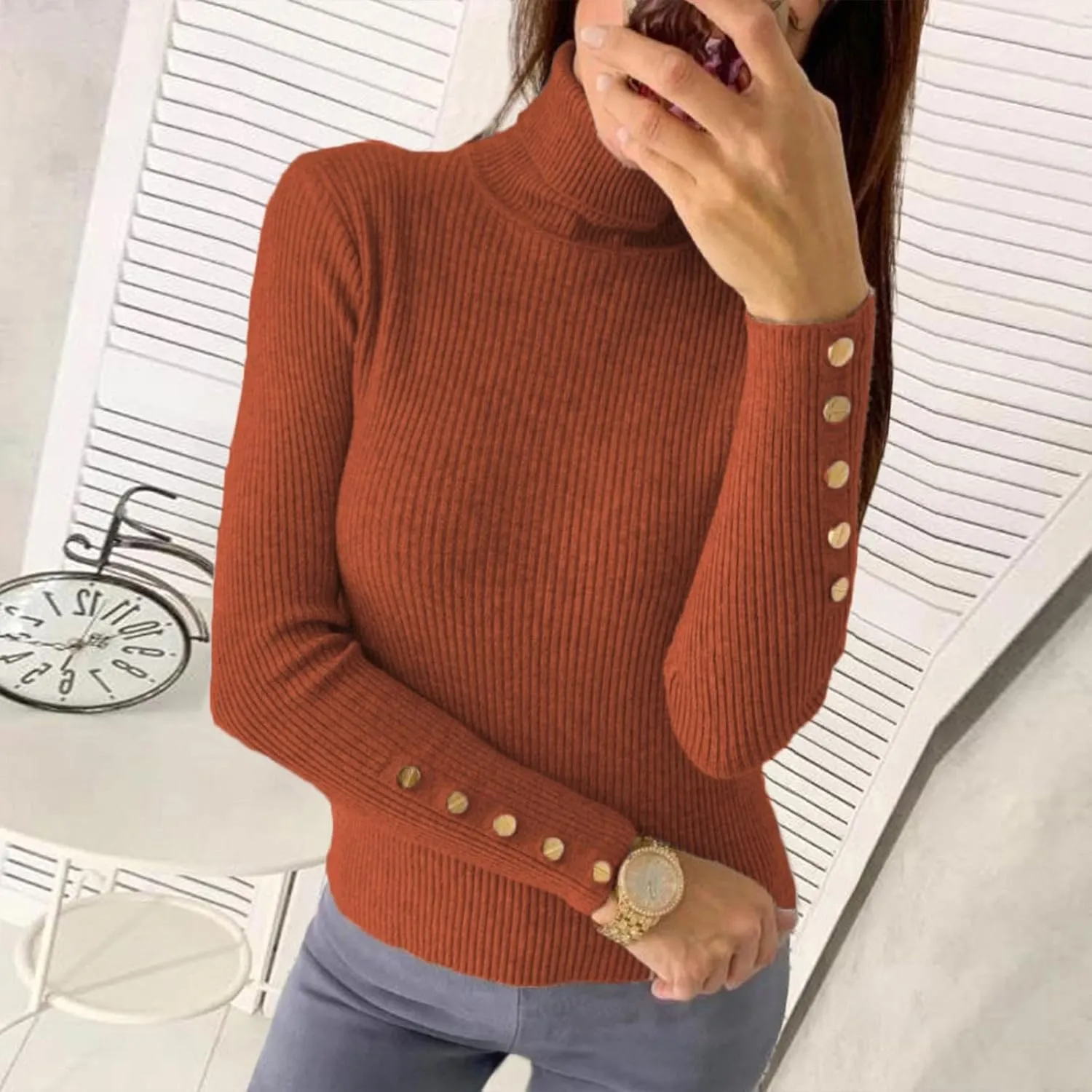Womens Pullover Sweaters Casual Turtleneck Long Sleeve Shirts Warm Soft Slim Knit Sweater