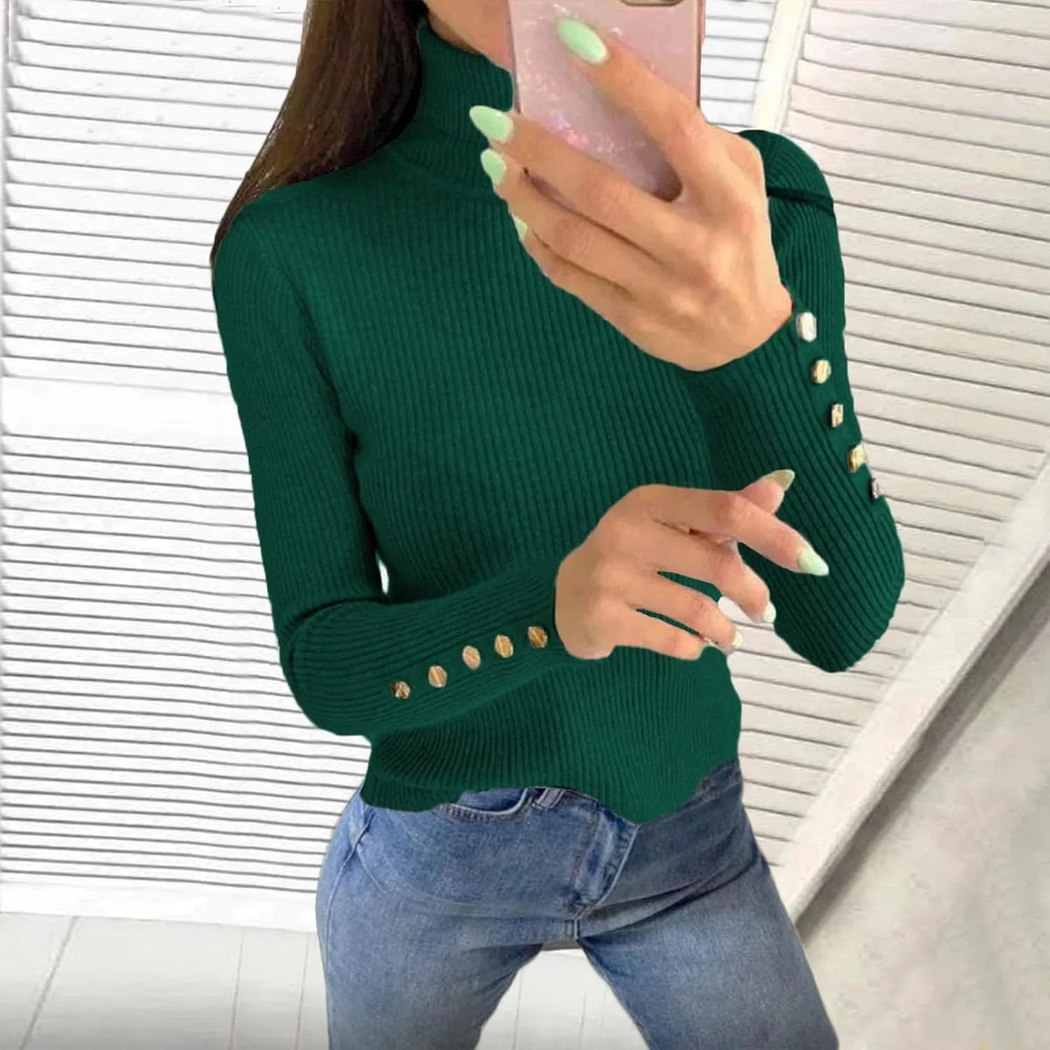 Womens Pullover Sweaters Casual Turtleneck Long Sleeve Shirts Warm Soft Slim Knit Sweater