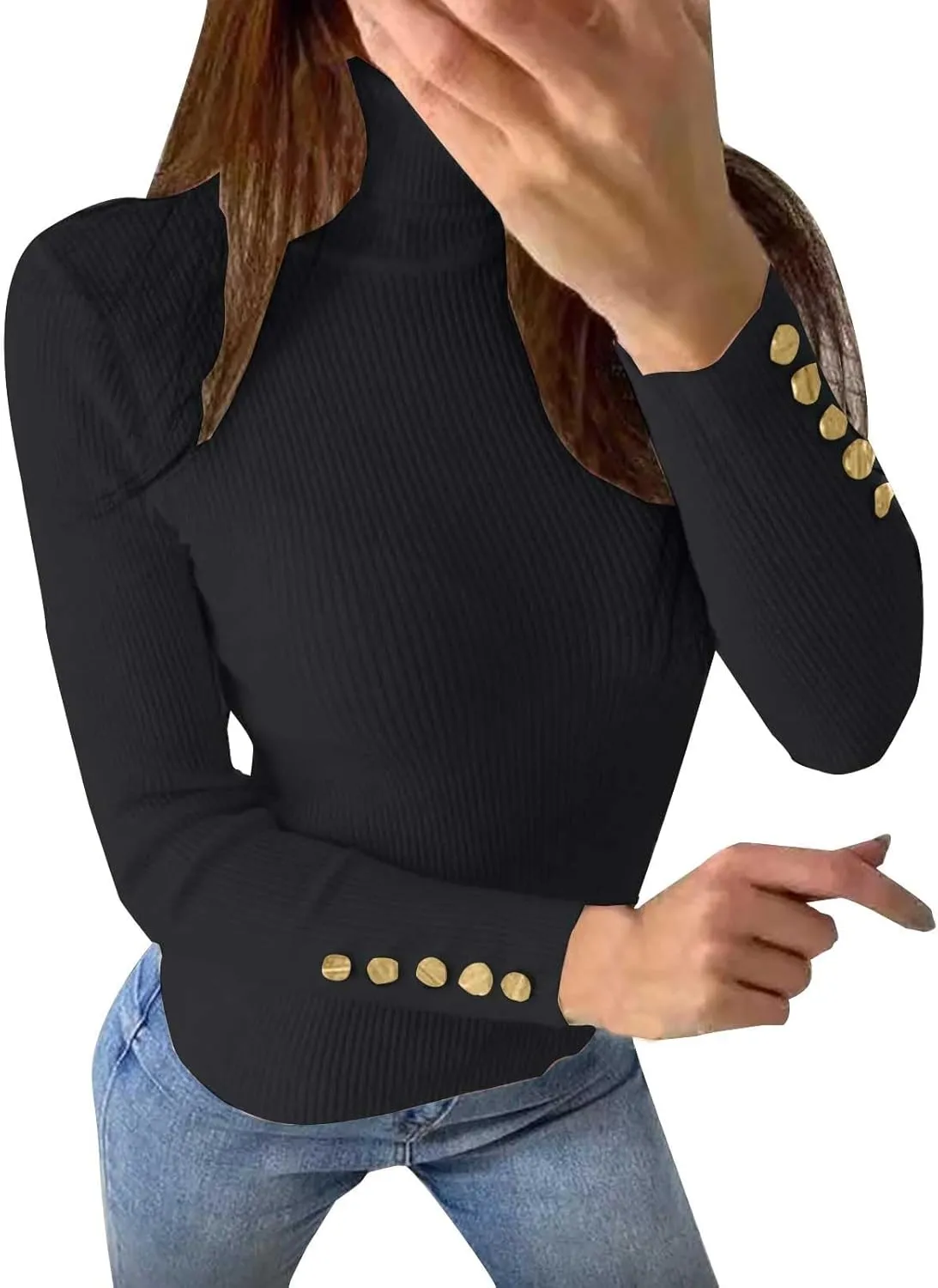 Womens Pullover Sweaters Casual Turtleneck Long Sleeve Shirts Warm Soft Slim Knit Sweater