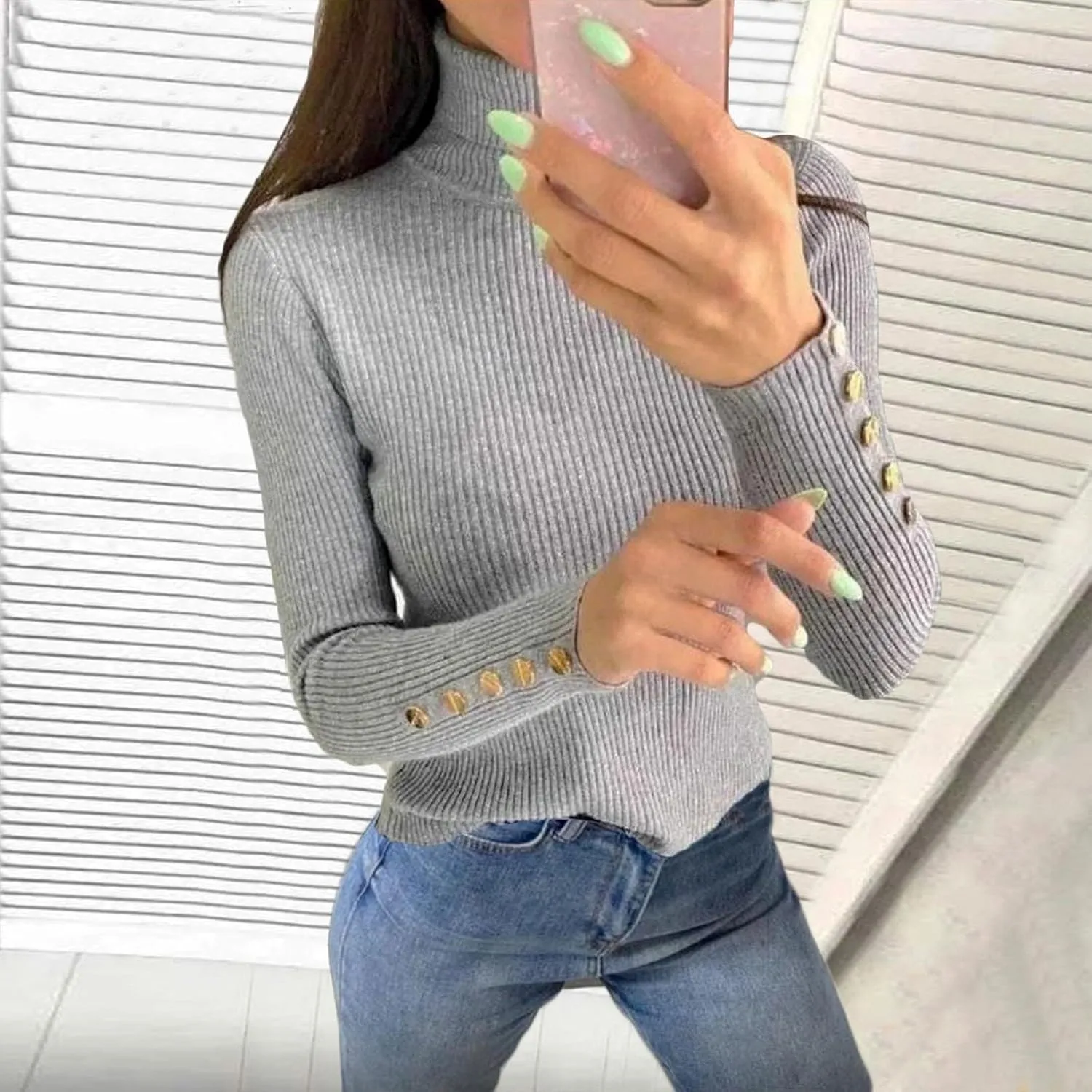 Womens Pullover Sweaters Casual Turtleneck Long Sleeve Shirts Warm Soft Slim Knit Sweater