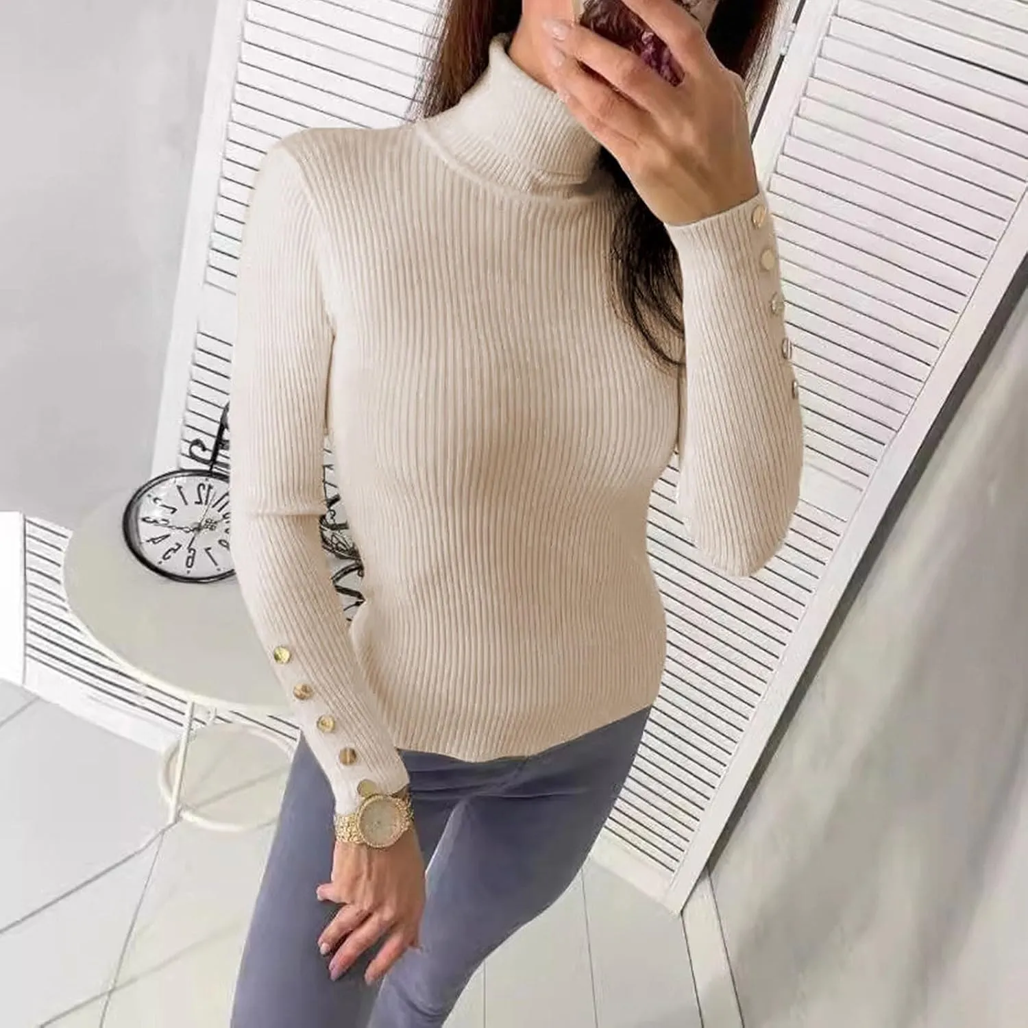 Womens Pullover Sweaters Casual Turtleneck Long Sleeve Shirts Warm Soft Slim Knit Sweater