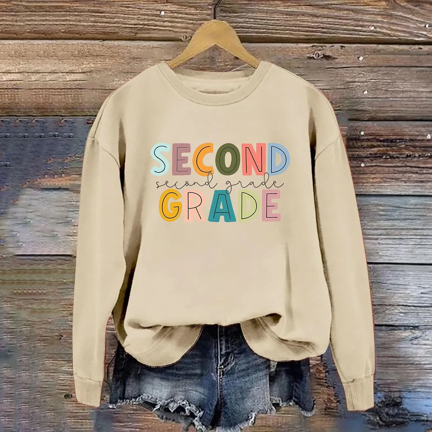 Womens Pullover Sweatshirts Beige Cute Print Round Neck Long Sleeve Hoodless Loose Blouse Autumn Outdoor Workout Tops