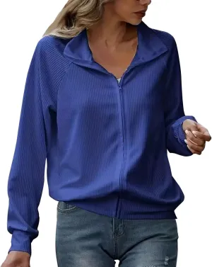 Women's Ribbed Knit Tops Fashion Striped Full Zip Up Lapel Collar Loose Fit Solid Jackets Fall Casual Workout Coats
