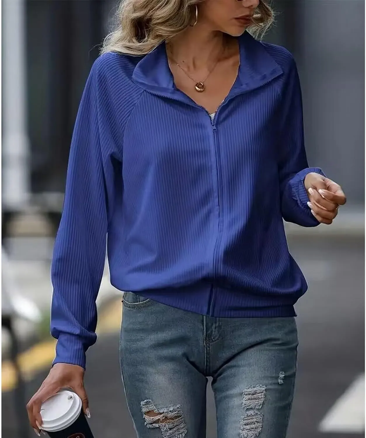 Women's Ribbed Knit Tops Fashion Striped Full Zip Up Lapel Collar Loose Fit Solid Jackets Fall Casual Workout Coats