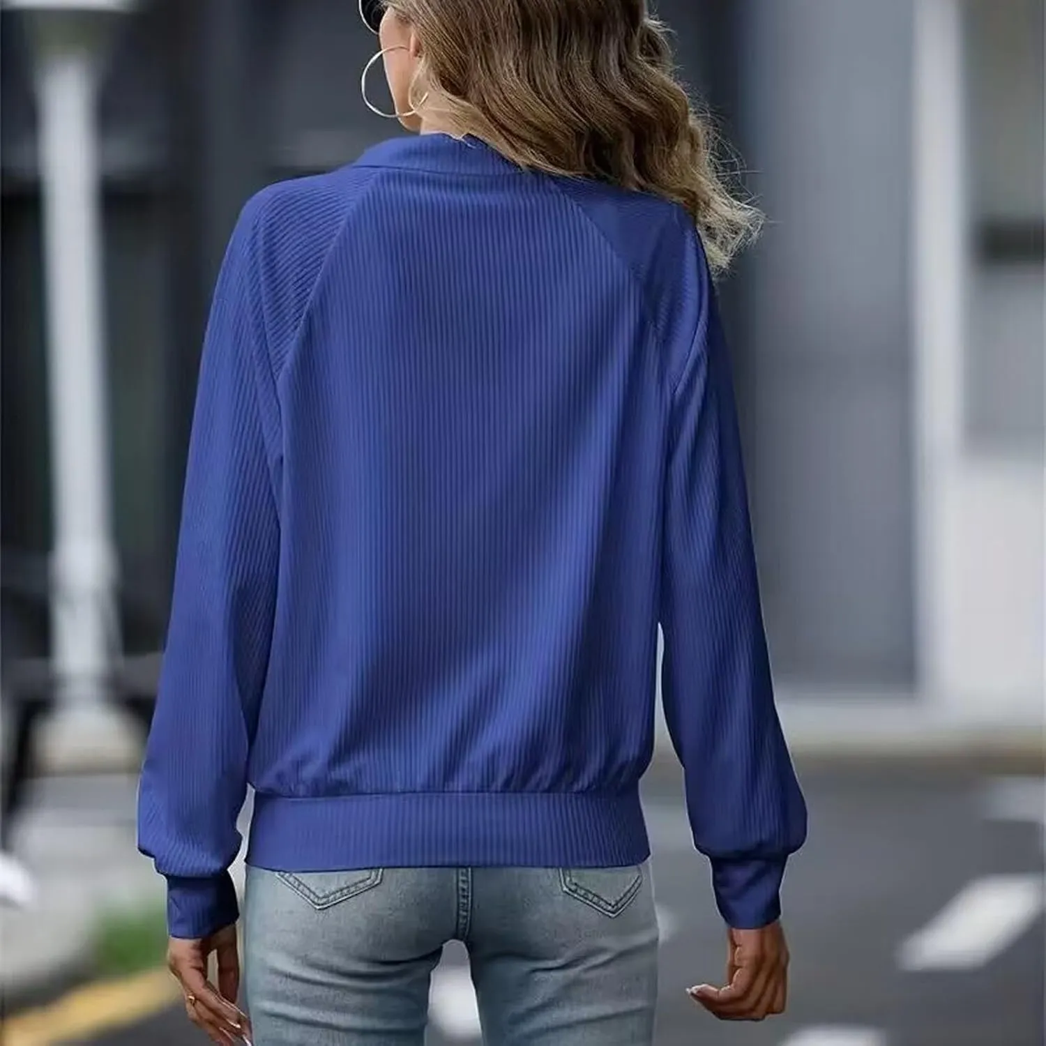 Women's Ribbed Knit Tops Fashion Striped Full Zip Up Lapel Collar Loose Fit Solid Jackets Fall Casual Workout Coats