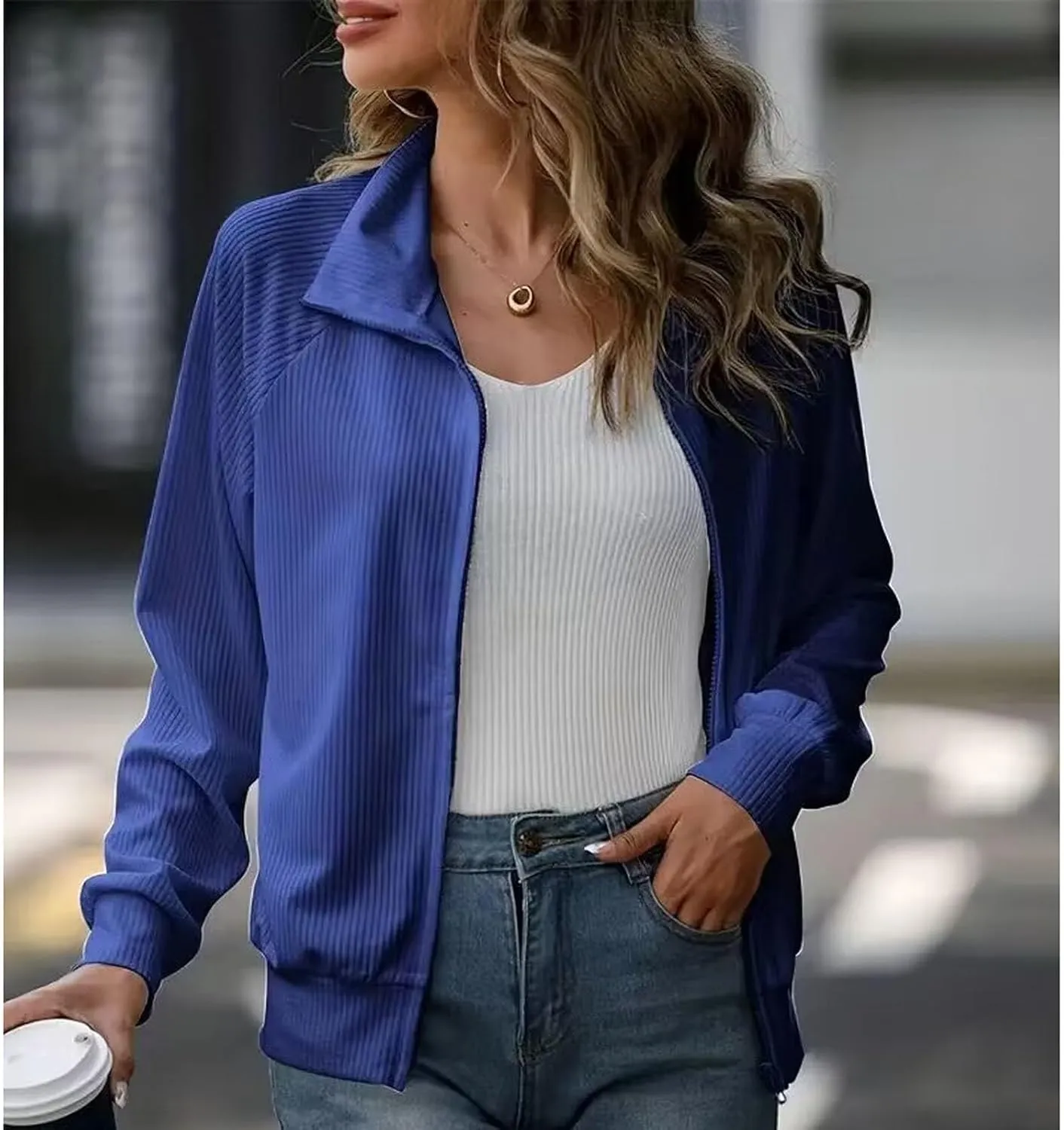 Women's Ribbed Knit Tops Fashion Striped Full Zip Up Lapel Collar Loose Fit Solid Jackets Fall Casual Workout Coats