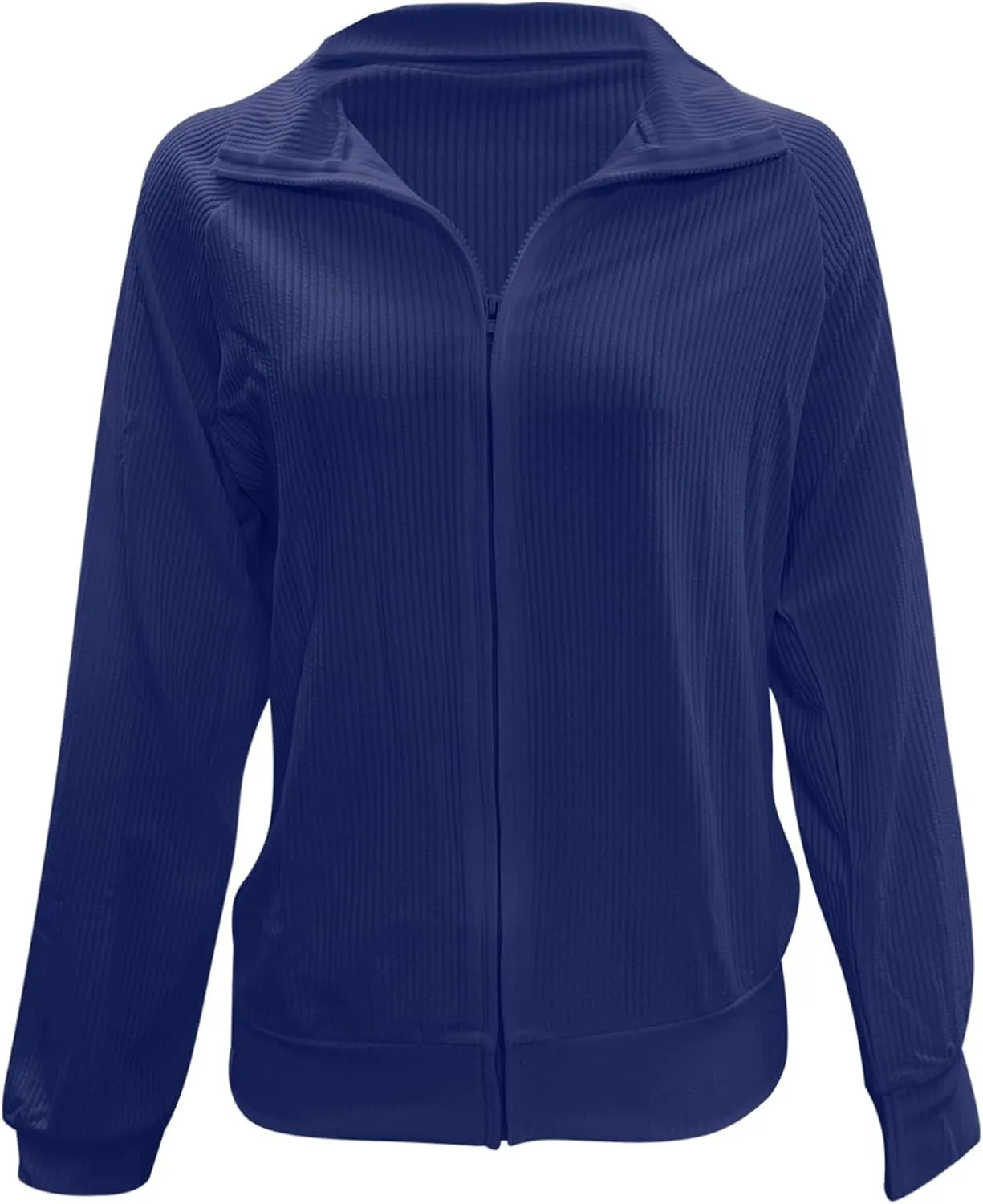 Women's Ribbed Knit Tops Fashion Striped Full Zip Up Lapel Collar Loose Fit Solid Jackets Fall Casual Workout Coats