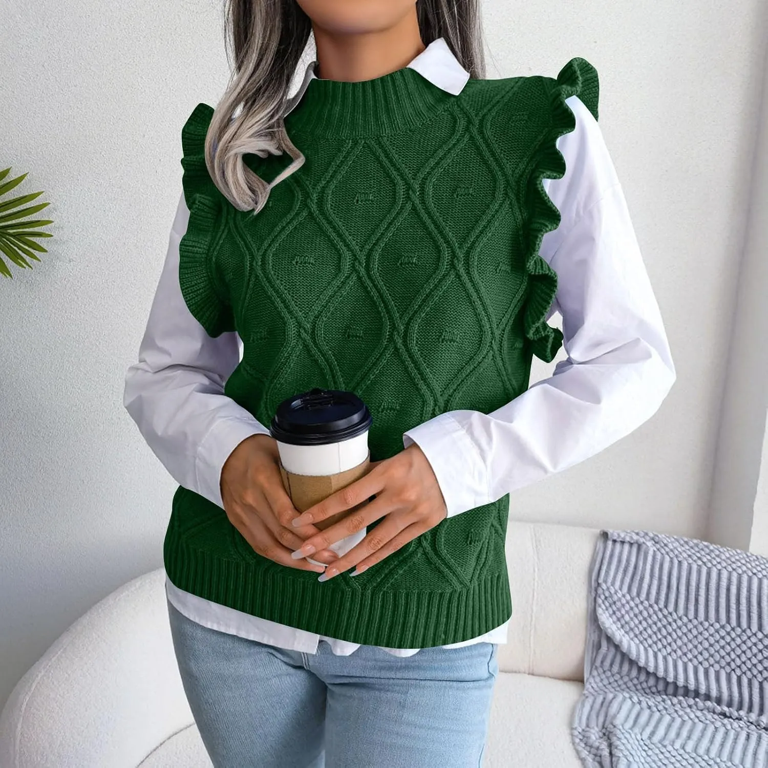 Women's Ruffle Trim Mock Neck Sweater Vest Sleeveless Cable Knit Pullover Soft Cozy Knitted Tank Top Streetwear