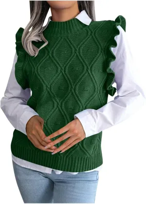 Women's Ruffle Trim Mock Neck Sweater Vest Sleeveless Cable Knit Pullover Soft Cozy Knitted Tank Top Streetwear