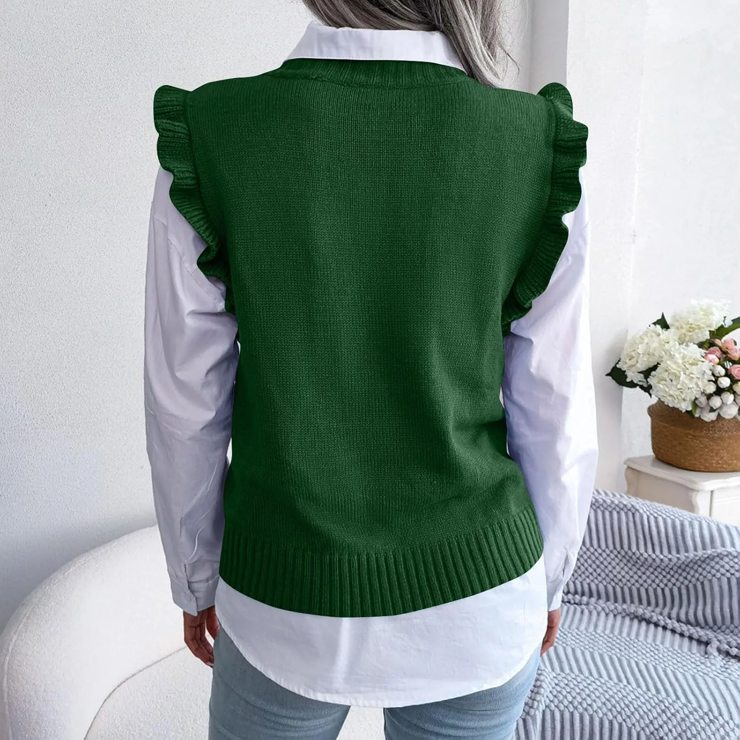 Women's Ruffle Trim Mock Neck Sweater Vest Sleeveless Cable Knit Pullover Soft Cozy Knitted Tank Top Streetwear