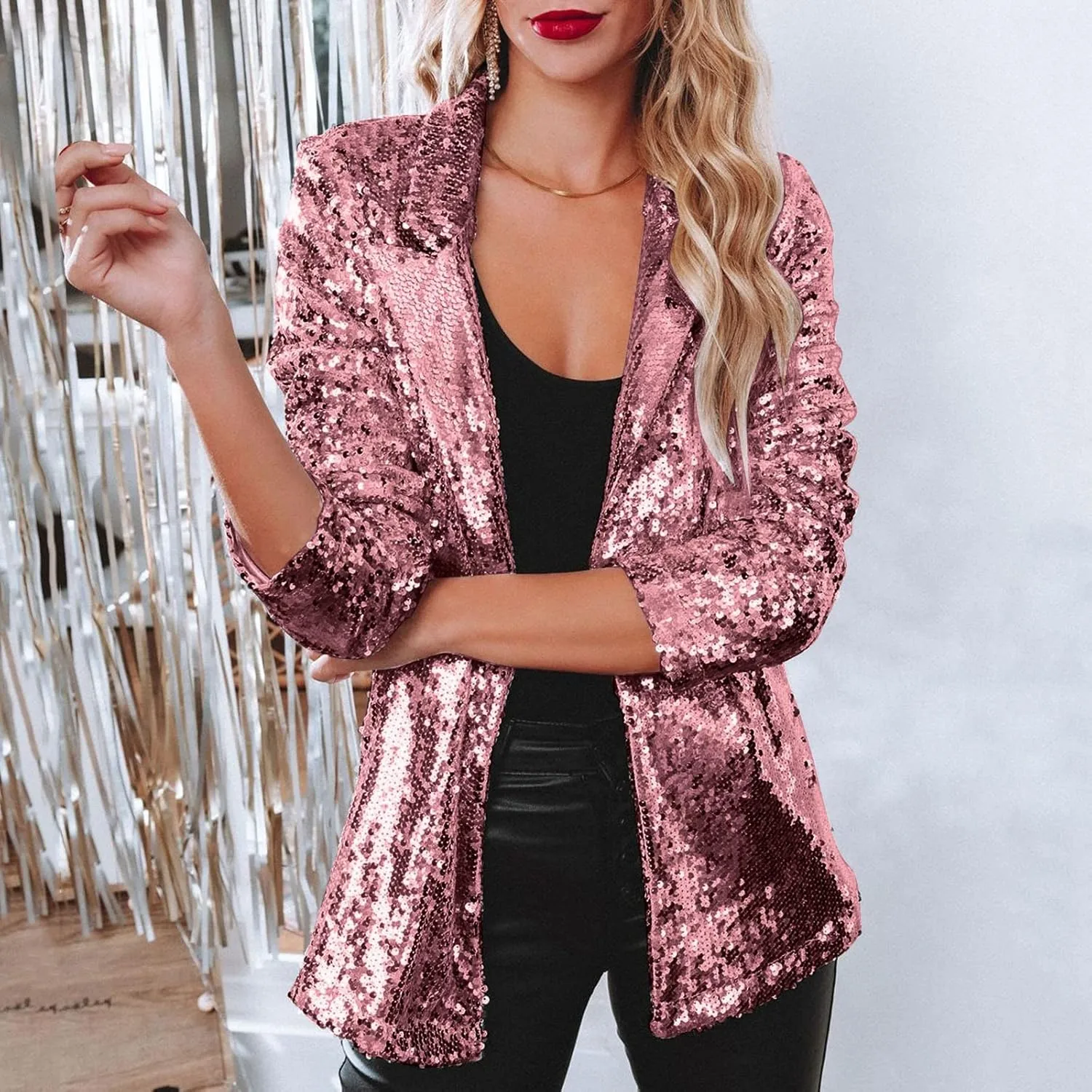 Womens Sequin Casual Blazers Lapel Long Sleeve Jacket Coat Business Open Front Cardigan Blazer 2024 Fall Party Suits