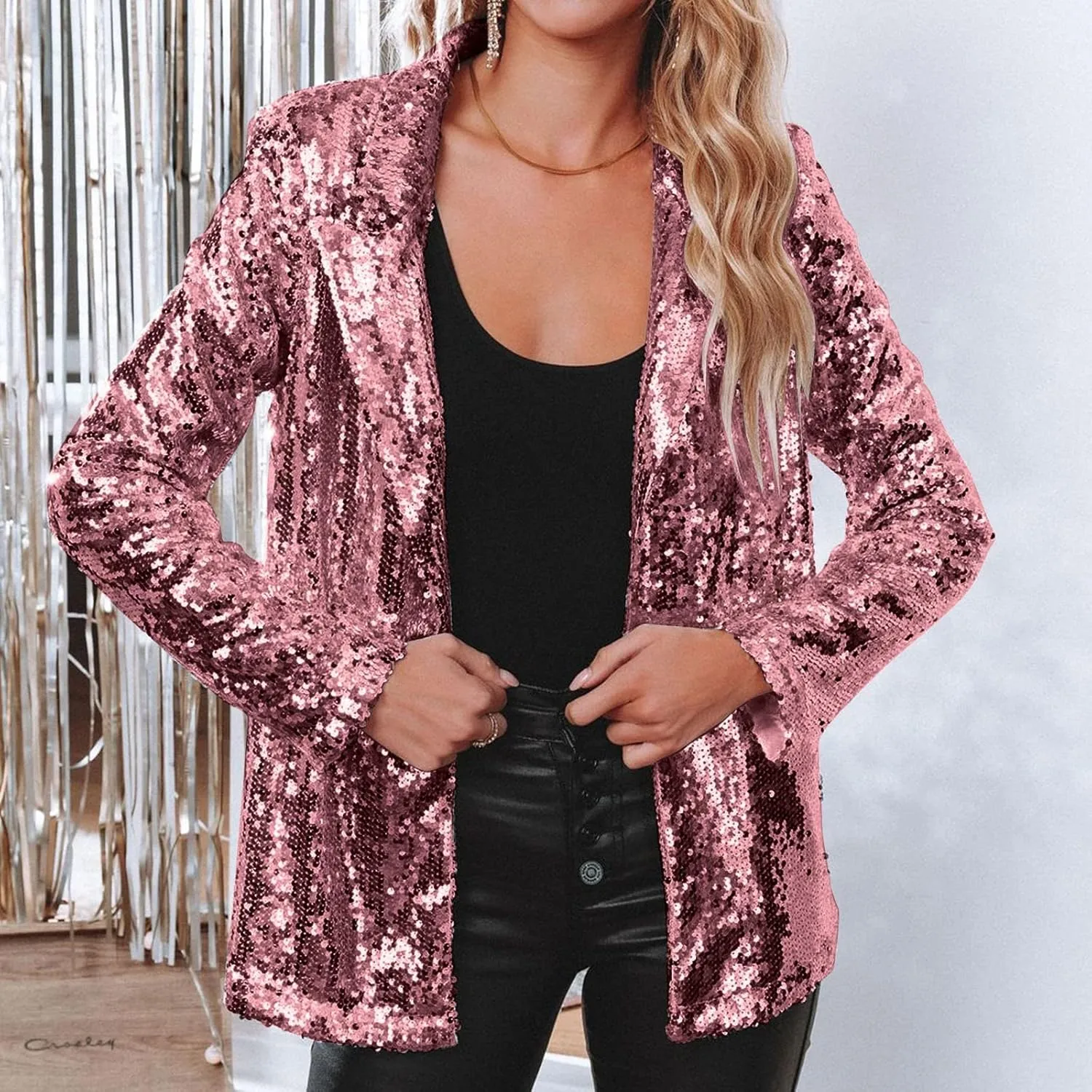 Womens Sequin Casual Blazers Lapel Long Sleeve Jacket Coat Business Open Front Cardigan Blazer 2024 Fall Party Suits