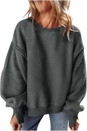 Women's Sherpa Fleece Oversized Sweatshirts Drop Shoulder Long Sleeve Hoodies Crewneck Warm Fuzzy Sweatshirt