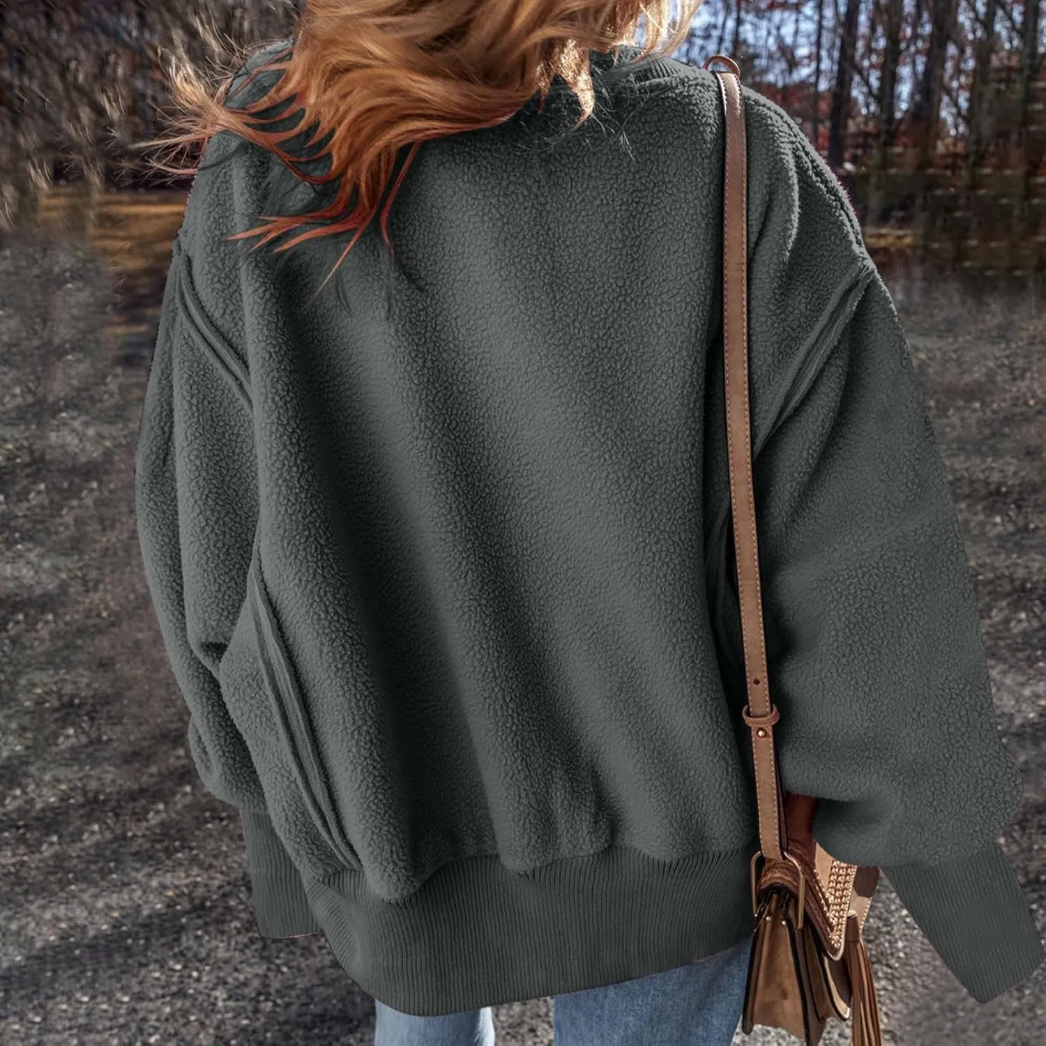 Women's Sherpa Fleece Oversized Sweatshirts Drop Shoulder Long Sleeve Hoodies Crewneck Warm Fuzzy Sweatshirt