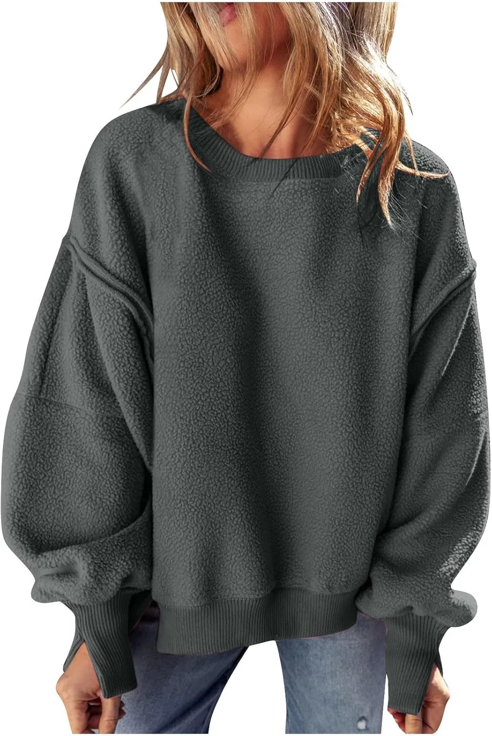 Women's Sherpa Fleece Oversized Sweatshirts Drop Shoulder Long Sleeve Hoodies Crewneck Warm Fuzzy Sweatshirt
