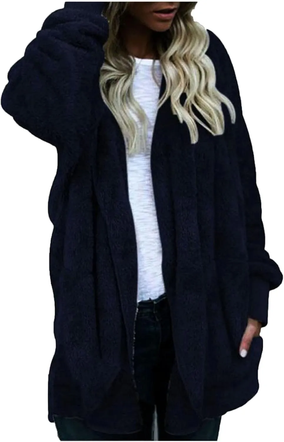Womens Sherpa Jacket Fuzzy Fleece Oversized Open Front Cardigan Hooded Soft Fluffy Robe Winter Coats with Pockets