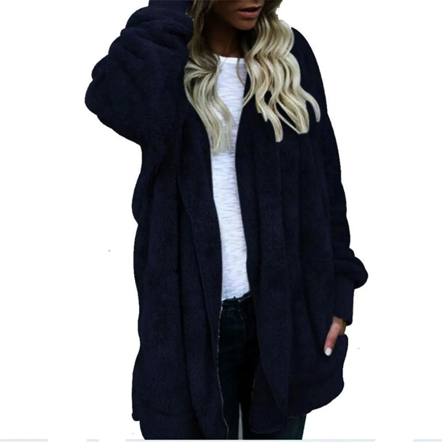 Womens Sherpa Jacket Fuzzy Fleece Oversized Open Front Cardigan Hooded Soft Fluffy Robe Winter Coats with Pockets