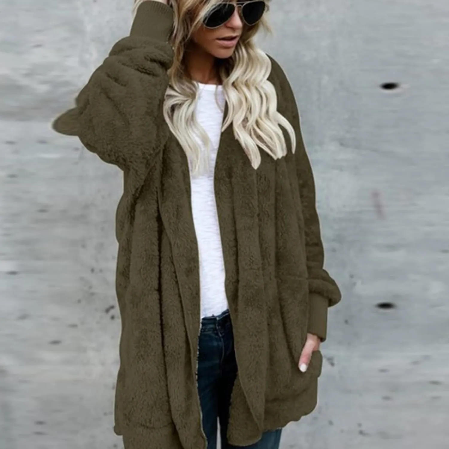 Womens Sherpa Jacket Fuzzy Fleece Oversized Open Front Cardigan Hooded Soft Fluffy Robe Winter Coats with Pockets