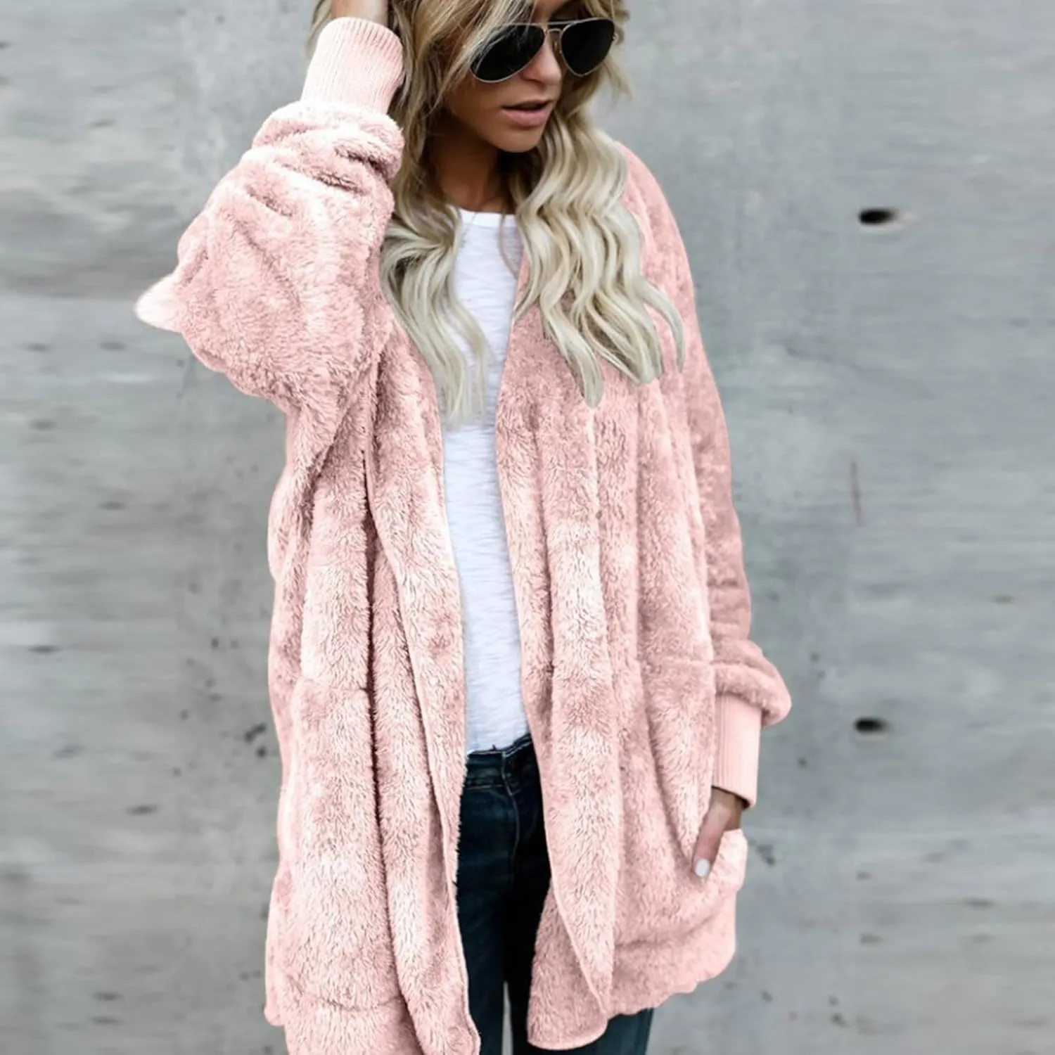 Womens Sherpa Jacket Fuzzy Fleece Oversized Open Front Cardigan Hooded Soft Fluffy Robe Winter Coats with Pockets