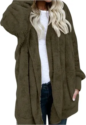 Womens Sherpa Jacket Fuzzy Fleece Oversized Open Front Cardigan Hooded Soft Fluffy Robe Winter Coats with Pockets