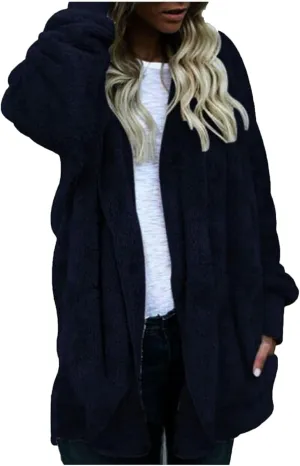 Womens Sherpa Jacket Fuzzy Fleece Oversized Open Front Cardigan Hooded Soft Fluffy Robe Winter Coats with Pockets