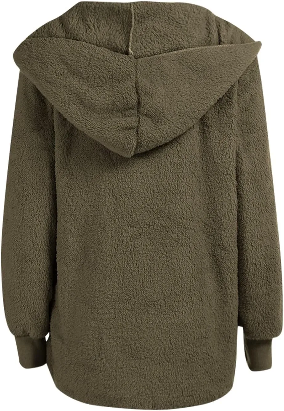 Womens Sherpa Jacket Fuzzy Fleece Oversized Open Front Cardigan Hooded Soft Fluffy Robe Winter Coats with Pockets