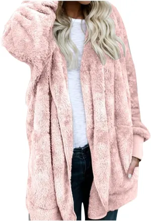 Womens Sherpa Jacket Fuzzy Fleece Oversized Open Front Cardigan Hooded Soft Fluffy Robe Winter Coats with Pockets