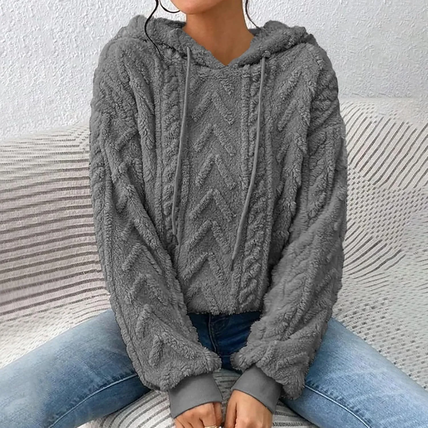 Women’s Slub Knit Full-Zip Hoodie Women's Solid Plush Spliced Women's New Long Sleeve Pullover Fall Outfits with