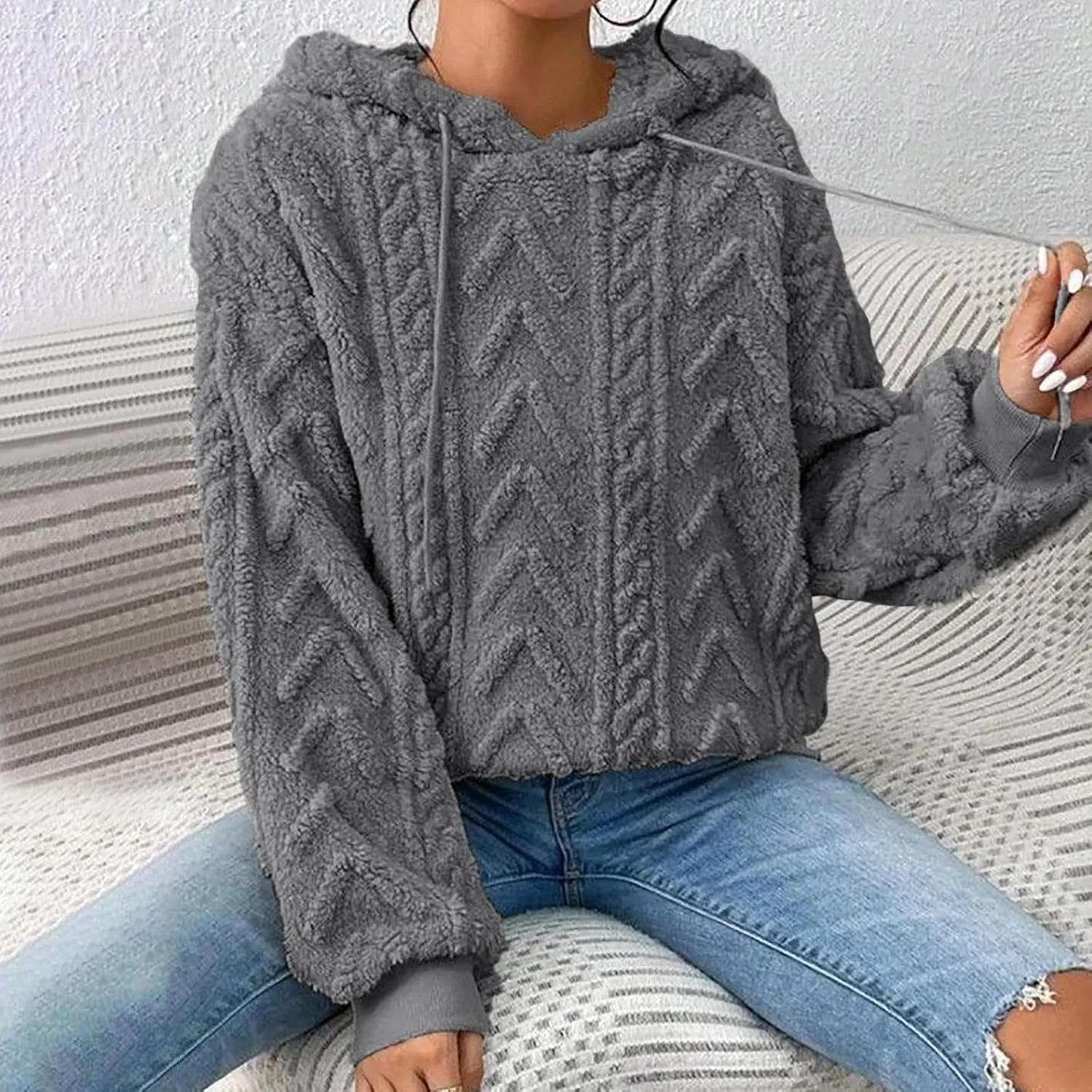 Women’s Slub Knit Full-Zip Hoodie Women's Solid Plush Spliced Women's New Long Sleeve Pullover Fall Outfits with