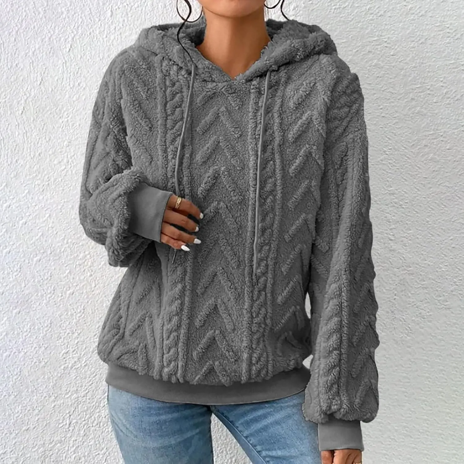 Women’s Slub Knit Full-Zip Hoodie Women's Solid Plush Spliced Women's New Long Sleeve Pullover Fall Outfits with