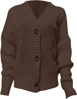 Women's Solid Color Knitted Hooded Sweater Cardigan Jacket Loose Vintage Sweaters Front Open Chunky Warm Coats