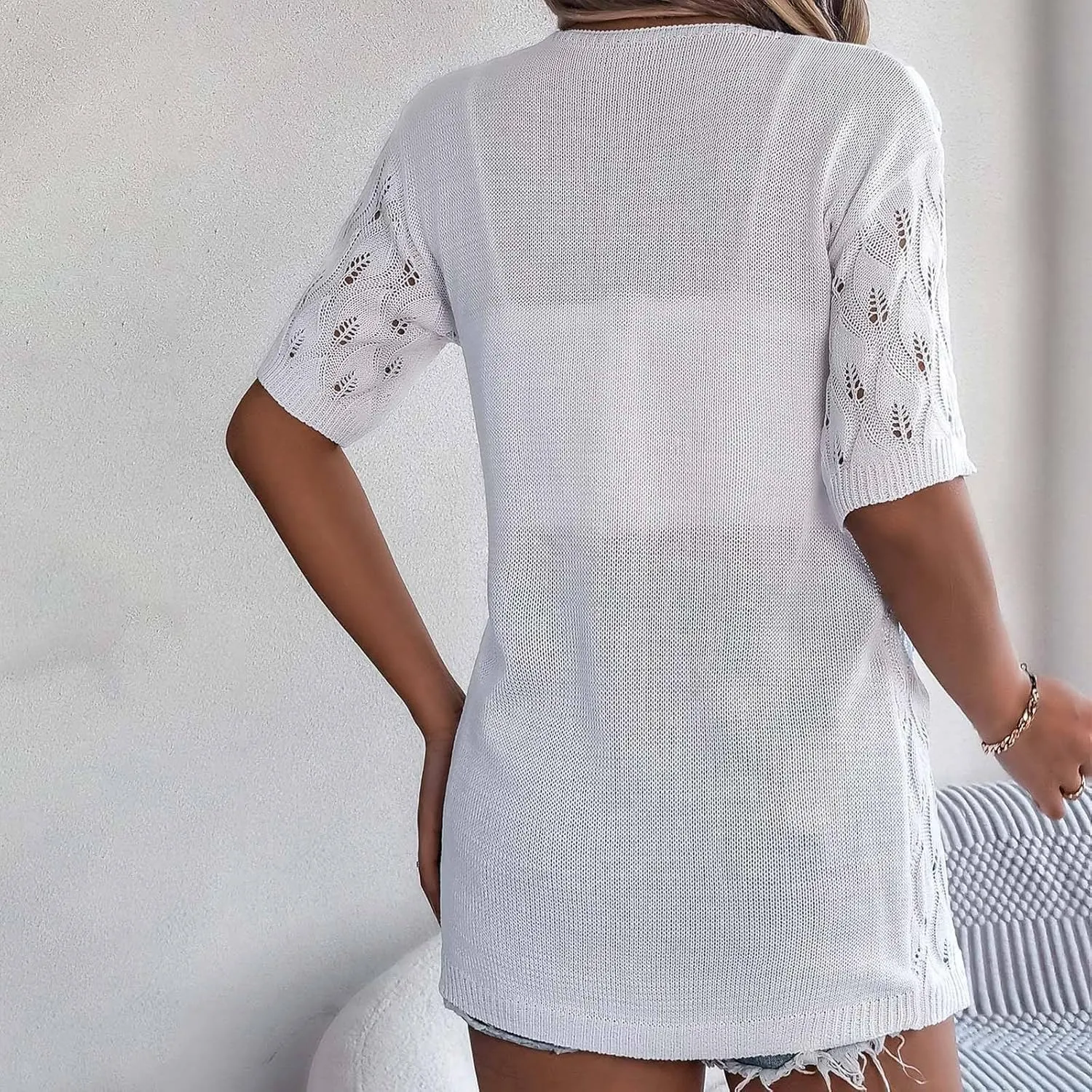 Women's Solid Color Summer Crochet Short Sleeve Knit Cardigan Lightweight Open Front Sun Cover Womens Cardigan