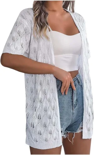 Women's Solid Color Summer Crochet Short Sleeve Knit Cardigan Lightweight Open Front Sun Cover Womens Cardigan