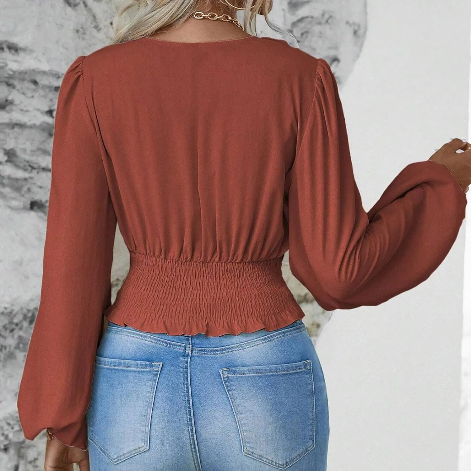 Women's Solid Colour Hoodies Waisted V-Neck Long lantern Sleeve Tops Casual Cropped Fashion Fall Outfits 2024