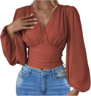 Women's Solid Colour Hoodies Waisted V-Neck Long lantern Sleeve Tops Casual Cropped Fashion Fall Outfits 2024