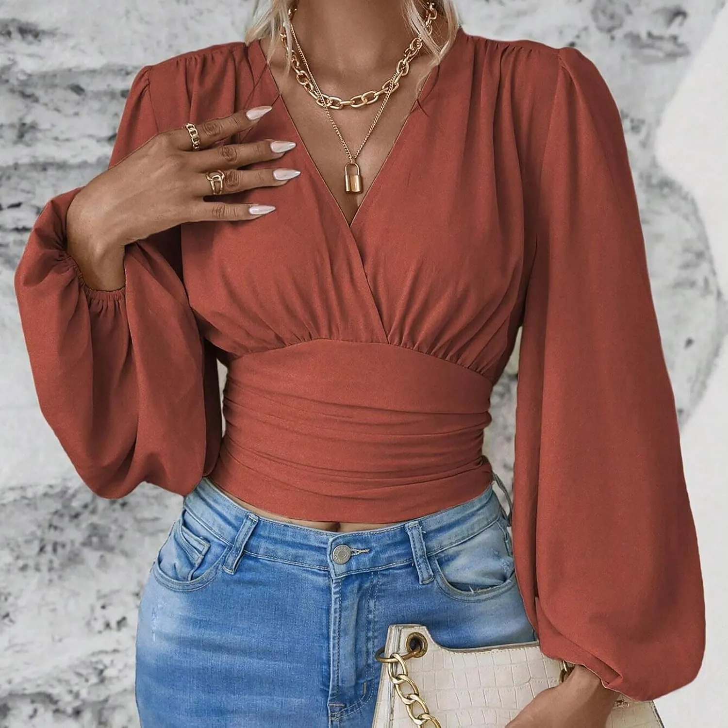 Women's Solid Colour Hoodies Waisted V-Neck Long lantern Sleeve Tops Casual Cropped Fashion Fall Outfits 2024