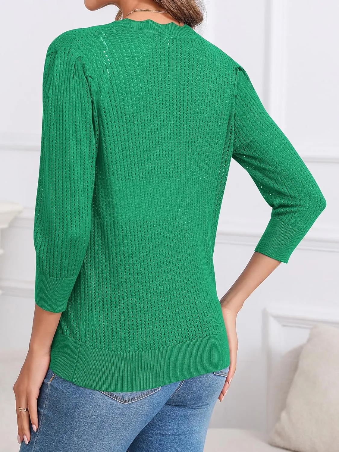 Women's Summer Cardigans Lightweight 3/4 Sleeve Button Front Crochet Sweater Shrugs