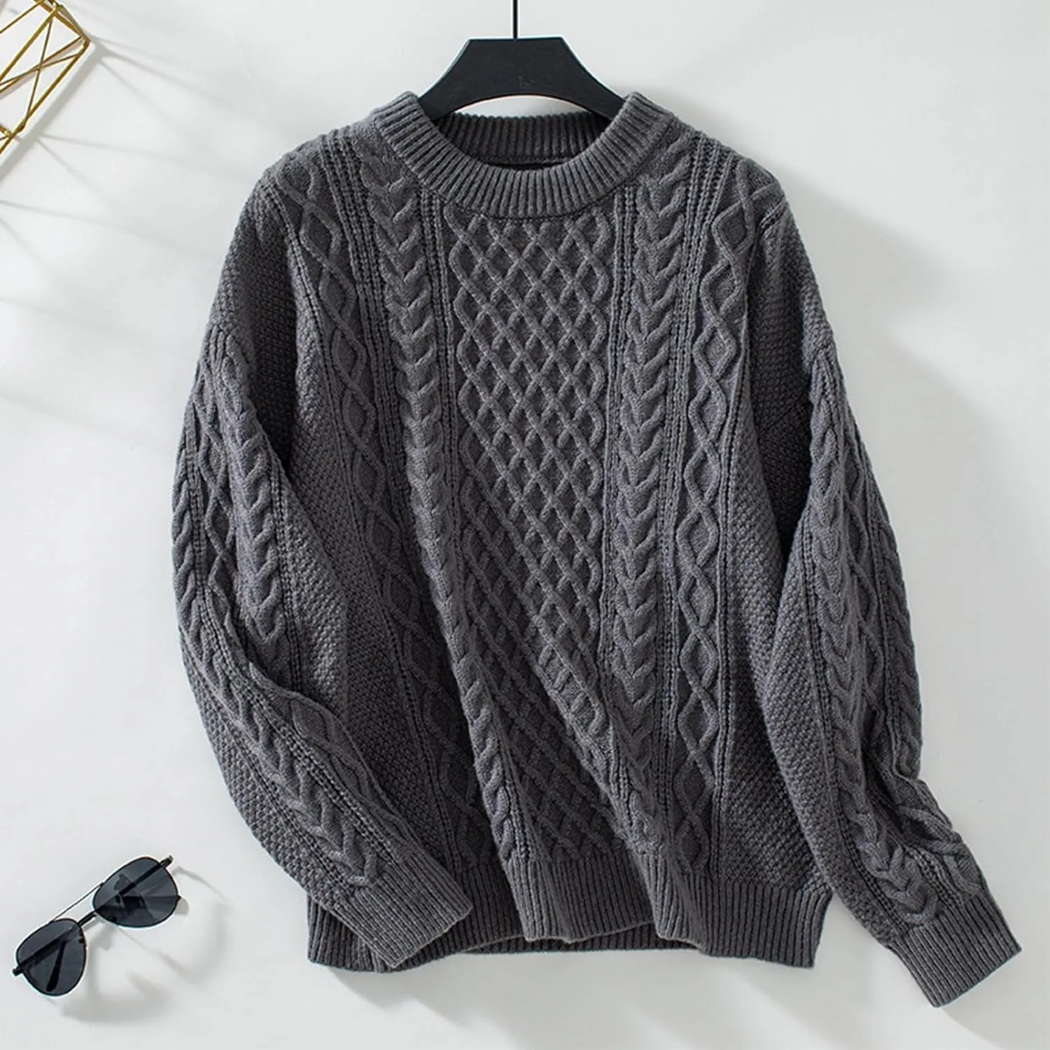 Womens Sweater Cable Knit Solid Color Round Neck Long Sleeve Casual Soft Loose Fit Sweaters Tops