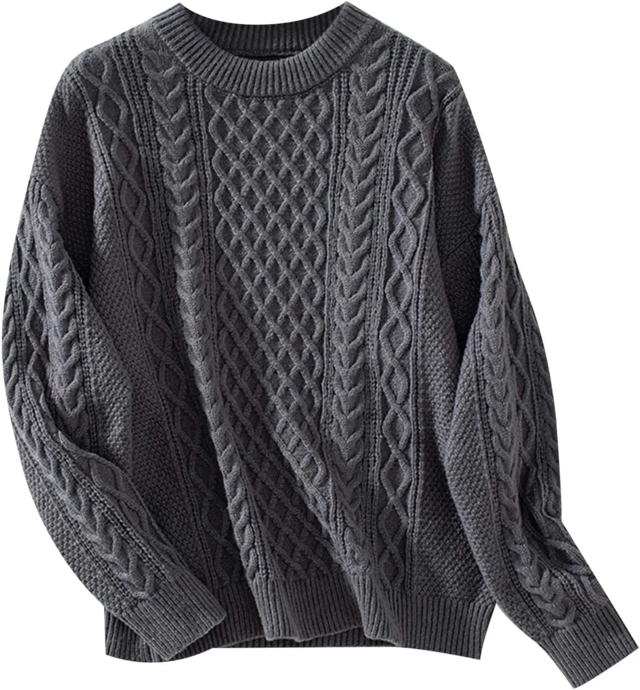 Womens Sweater Cable Knit Solid Color Round Neck Long Sleeve Casual Soft Loose Fit Sweaters Tops