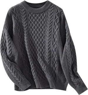 Womens Sweater Cable Knit Solid Color Round Neck Long Sleeve Casual Soft Loose Fit Sweaters Tops