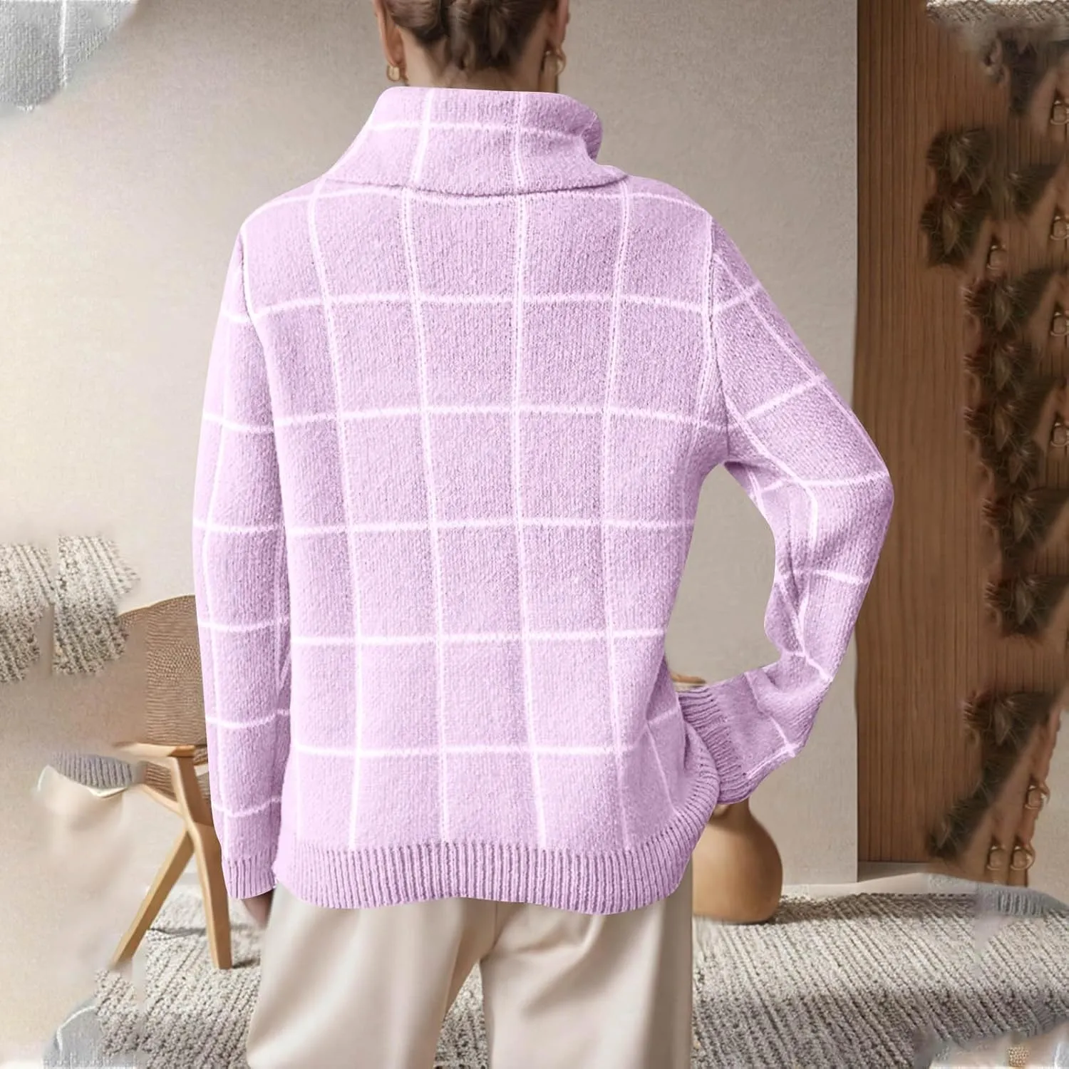 Womens Sweater Plaid Turtleneck Long-Sleeve Color Block Loose Pullover Tops Cute Soft Chunky Knit Fashion Clothes Top