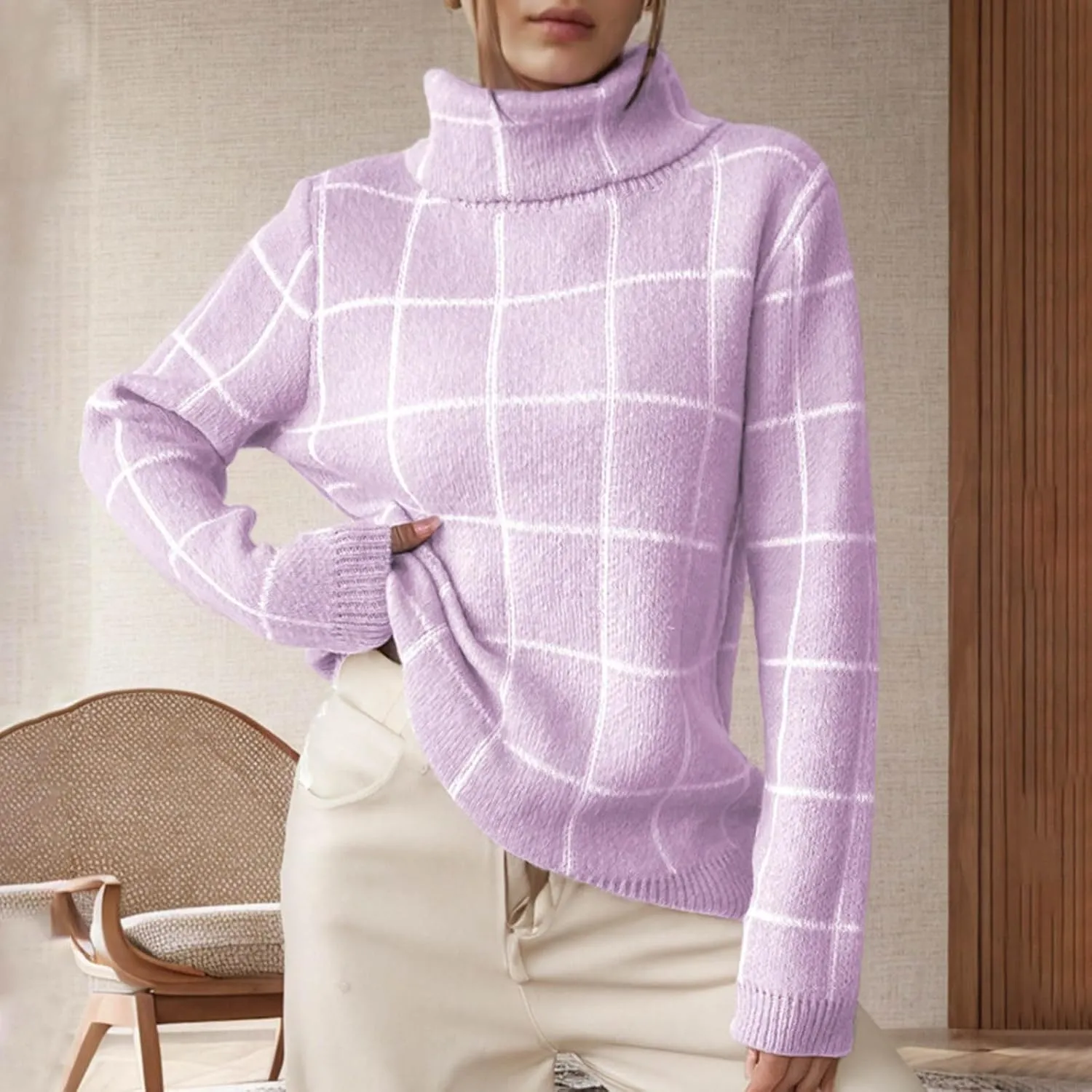 Womens Sweater Plaid Turtleneck Long-Sleeve Color Block Loose Pullover Tops Cute Soft Chunky Knit Fashion Clothes Top