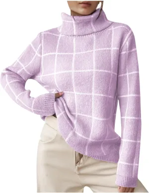 Womens Sweater Plaid Turtleneck Long-Sleeve Color Block Loose Pullover Tops Cute Soft Chunky Knit Fashion Clothes Top