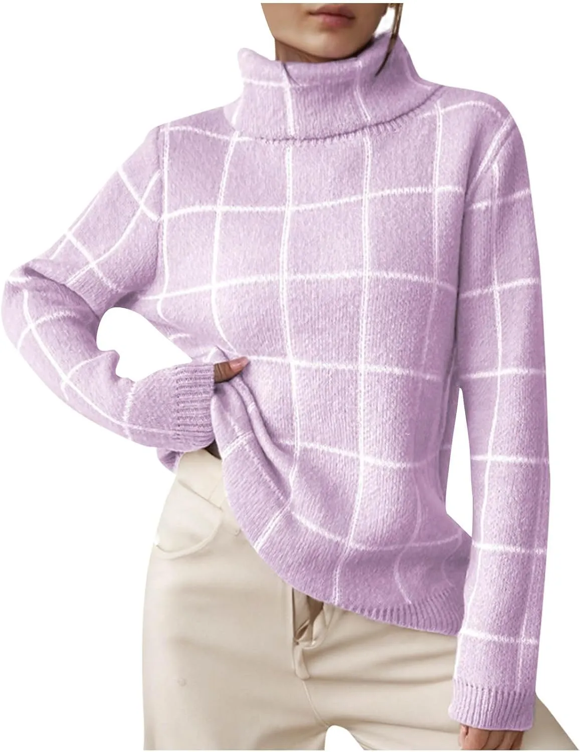 Womens Sweater Plaid Turtleneck Long-Sleeve Color Block Loose Pullover Tops Cute Soft Chunky Knit Fashion Clothes Top