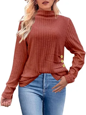 Womens Sweaters Side Button Knit Turtleneck Sweater Slim Fit Long Sleeve Tunic Sweaters Tops Trendy Oversized Sweaters