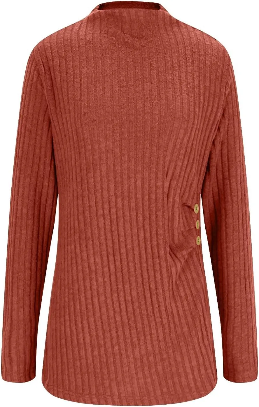 Womens Sweaters Side Button Knit Turtleneck Sweater Slim Fit Long Sleeve Tunic Sweaters Tops Trendy Oversized Sweaters