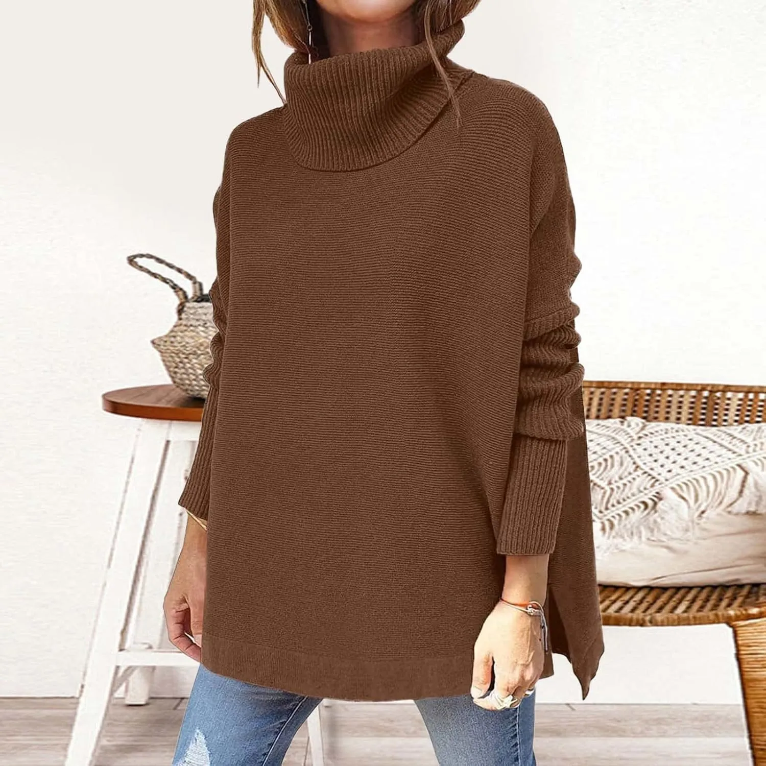 Women's Sweaters Turtleneck Batwing Sleeve Loose Oversized Sweaters Chunky Knitted Pullover Streetwear Western Adult